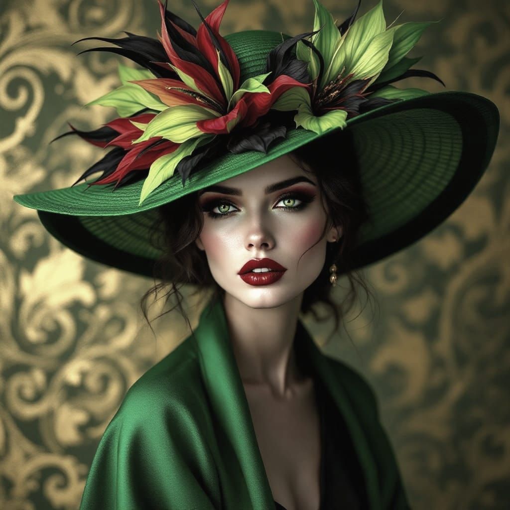 Dramatic Portrait of a Woman in a Vibrant Green Hat