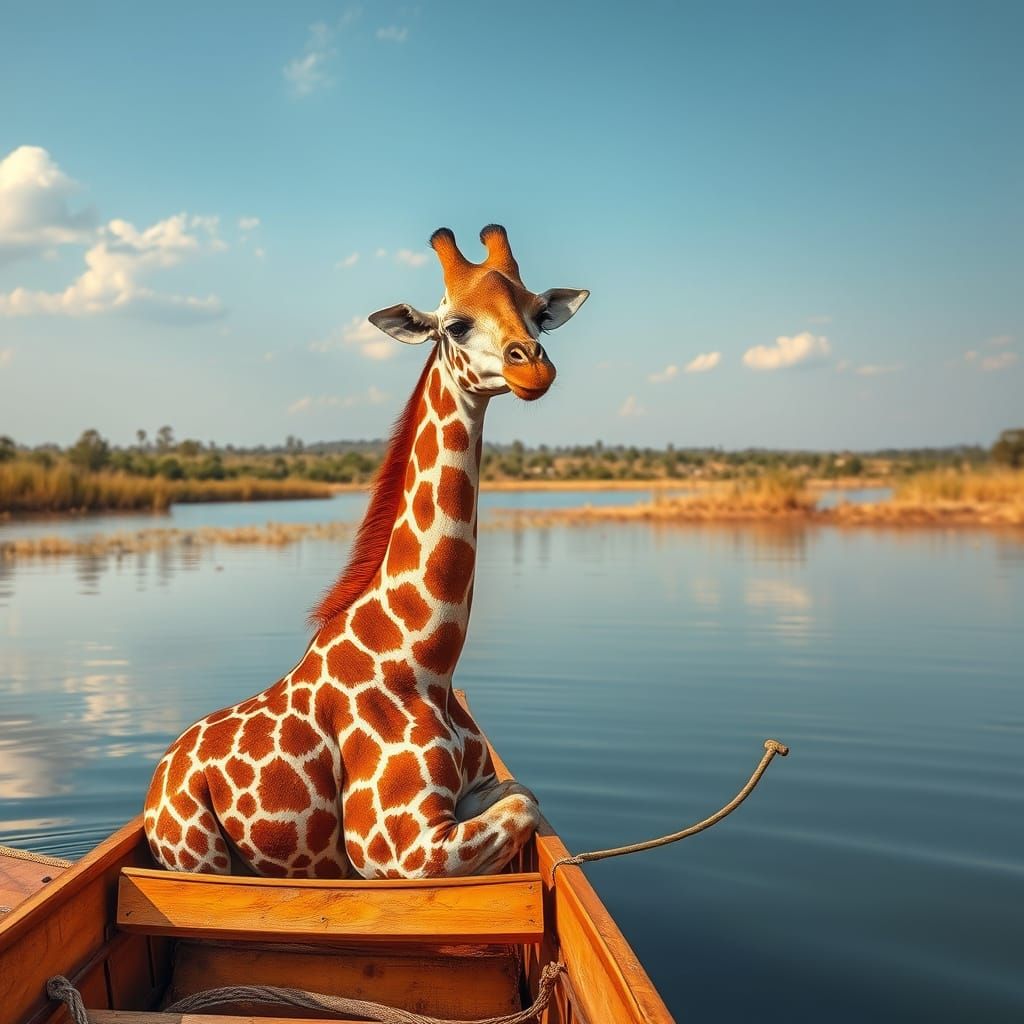 Giraffe on Serene Lake in a Canoe