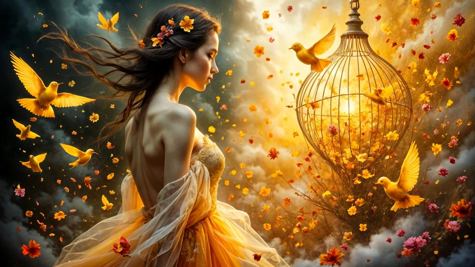 Woman Paints Golden Cage Shattering, Releasing Birds