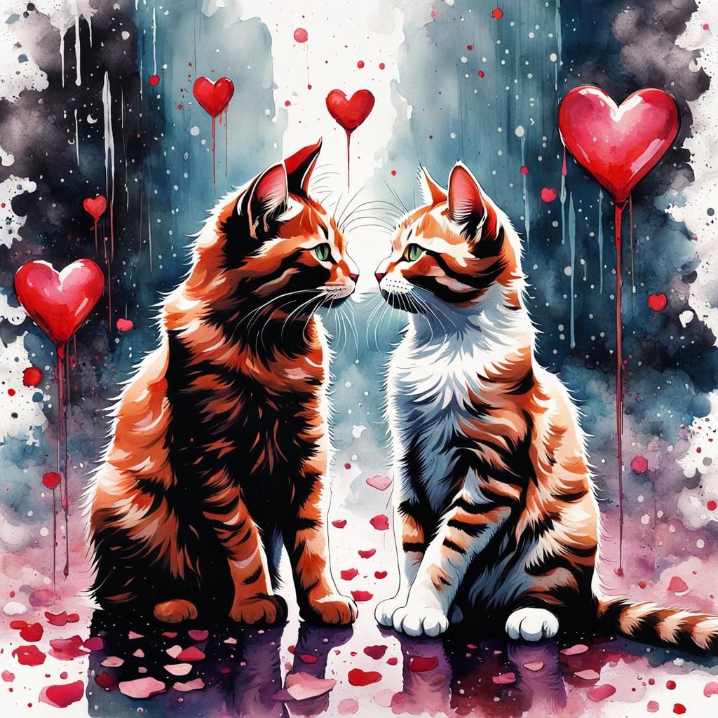 Cats Kissing in Rainy Rose Petal Heart, Watercolor