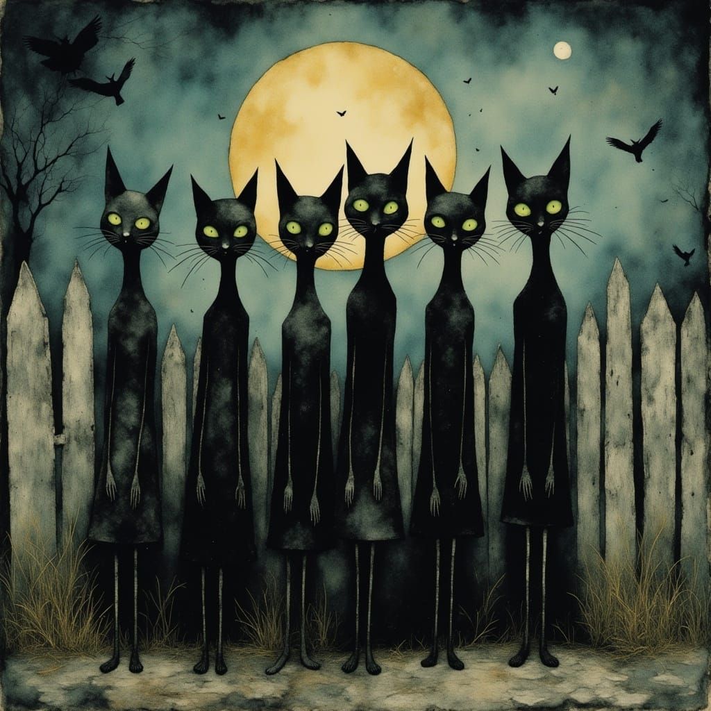Whimsical Black Cats Under a Yellow Moon