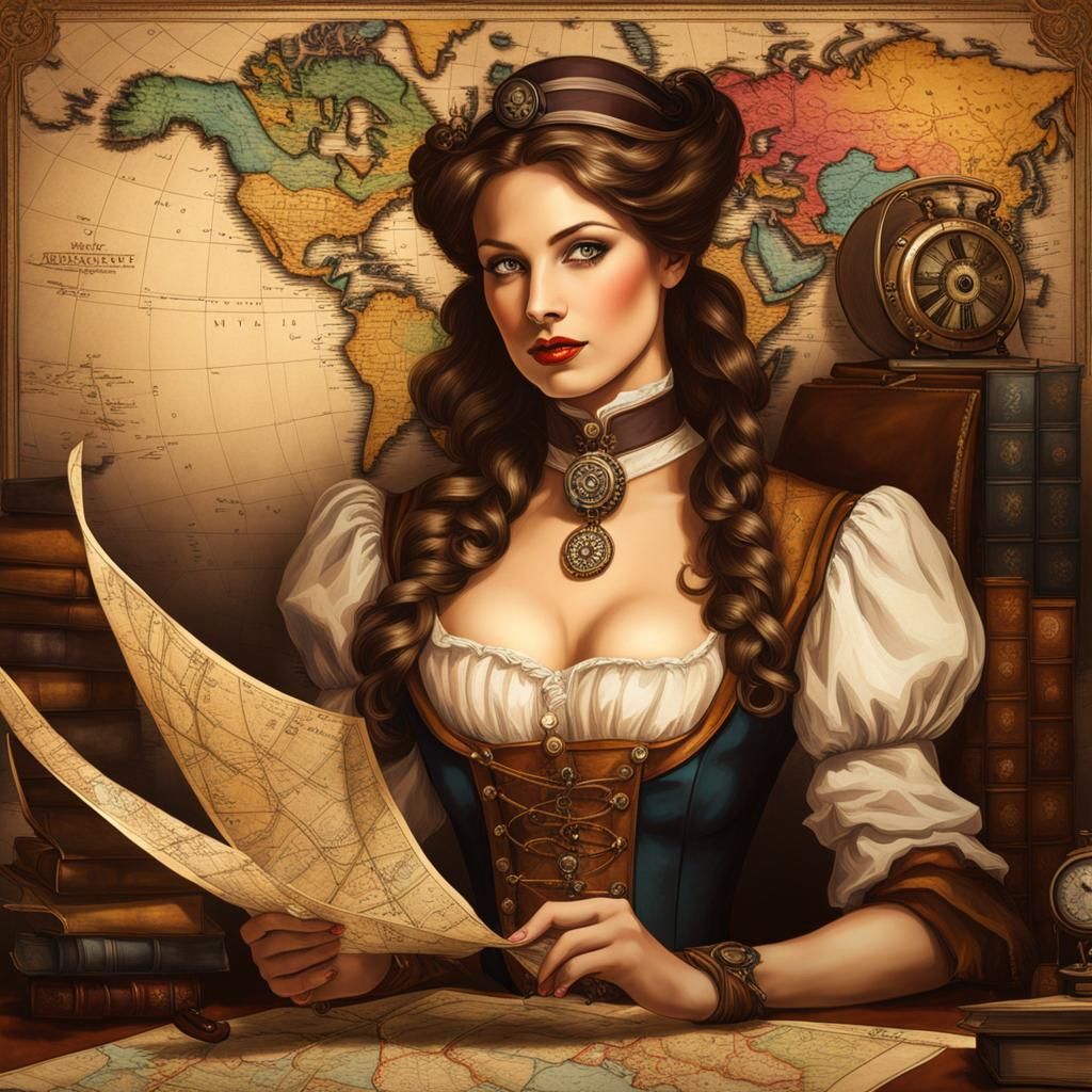 A young French lady studying geography through maps