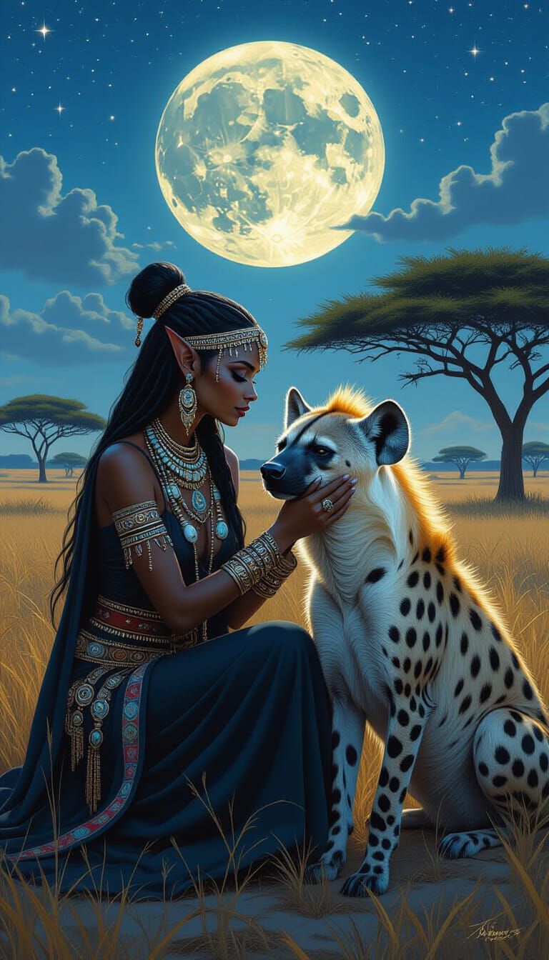 Black Elf Witch Petting Hyena in Savannah Night