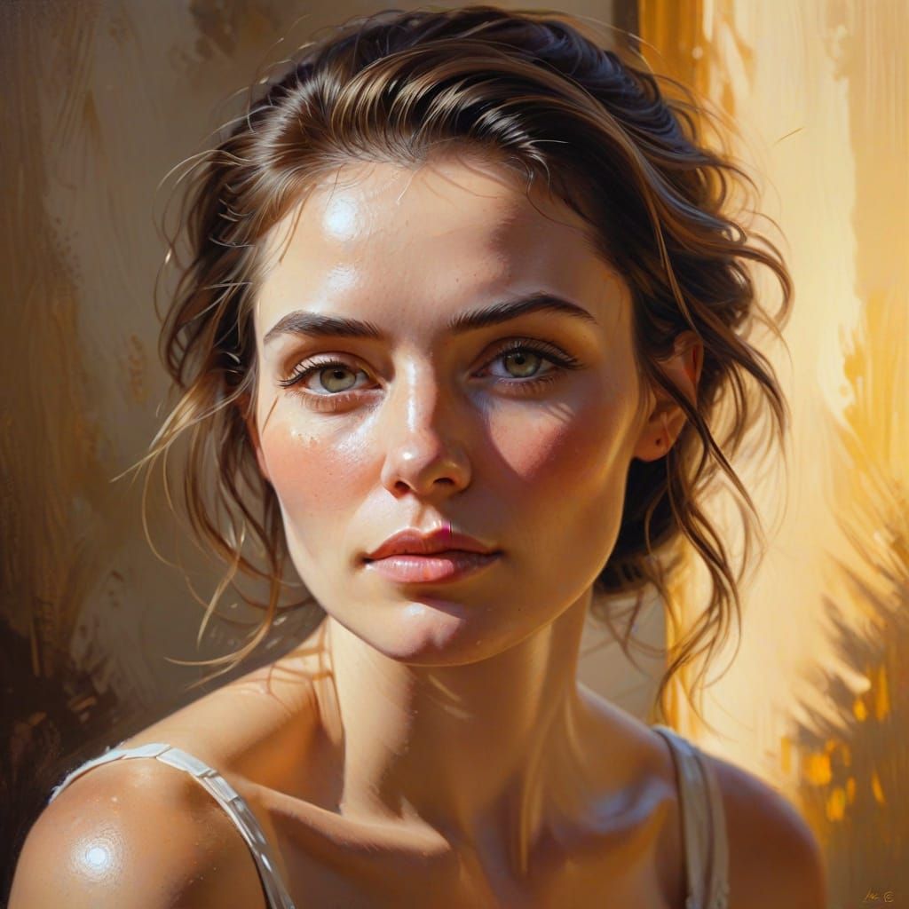 Elegant Woman's Portrait in Golden Light as Oil Painting