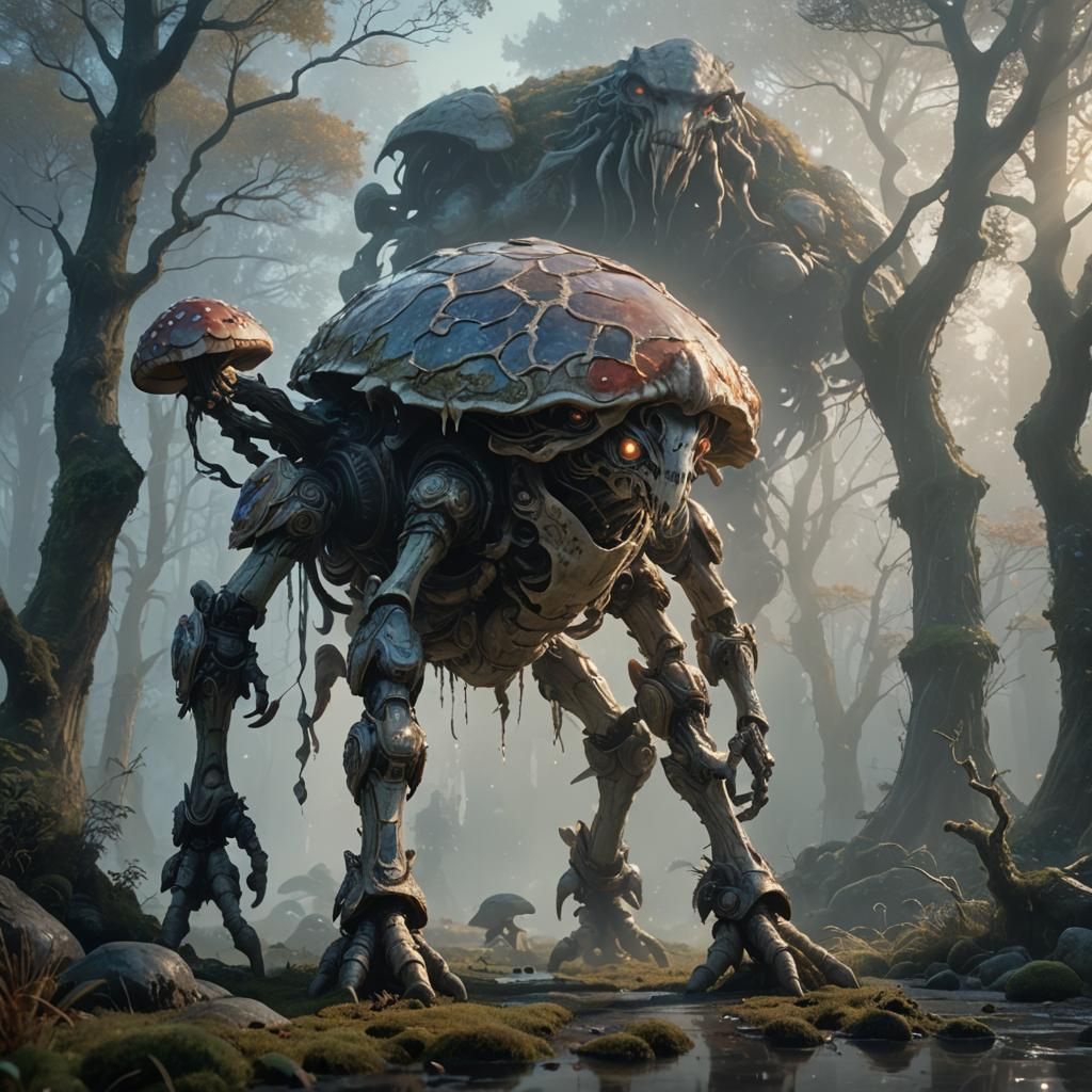 Giant Mushroom Creature in Misty Landscape