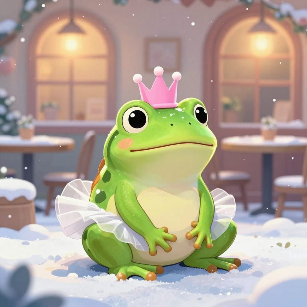 Adorable Frog in Tutu Sits by Cozy Cafe in Snow