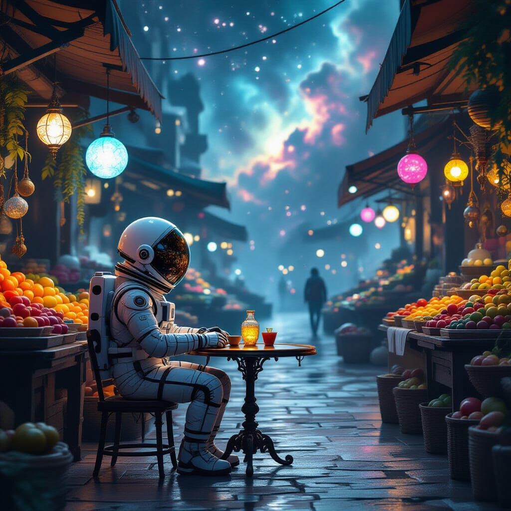 Astronaut in Alien Marketplace Reflecting Nebula