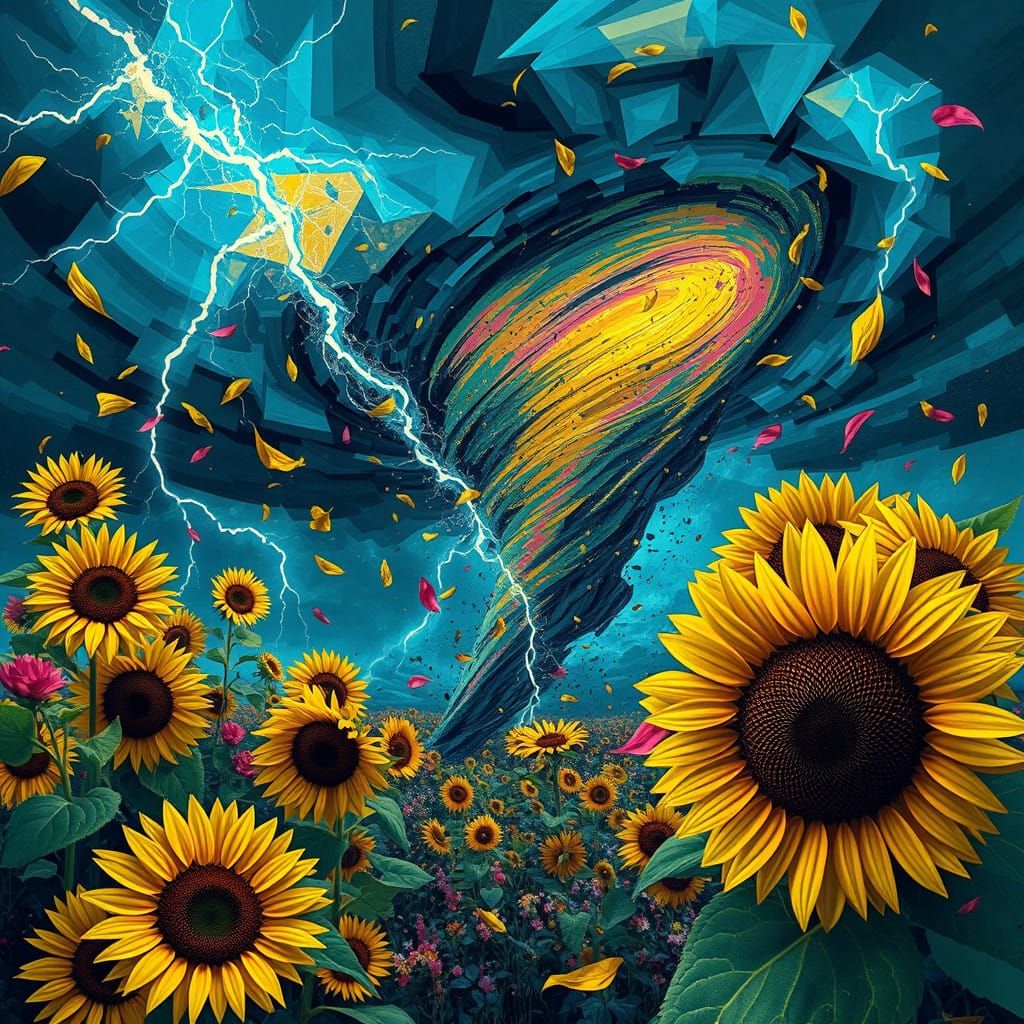 Electric Storm Unleashes Tornado in Vibrant Neo-Cubist Garde...