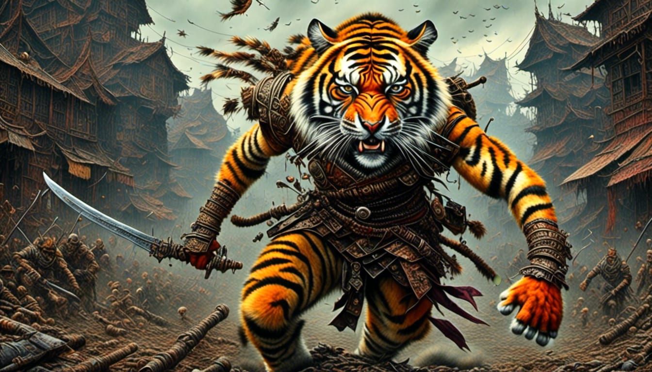 Hyperdetailed Surreal Tiger Warrior in Battle