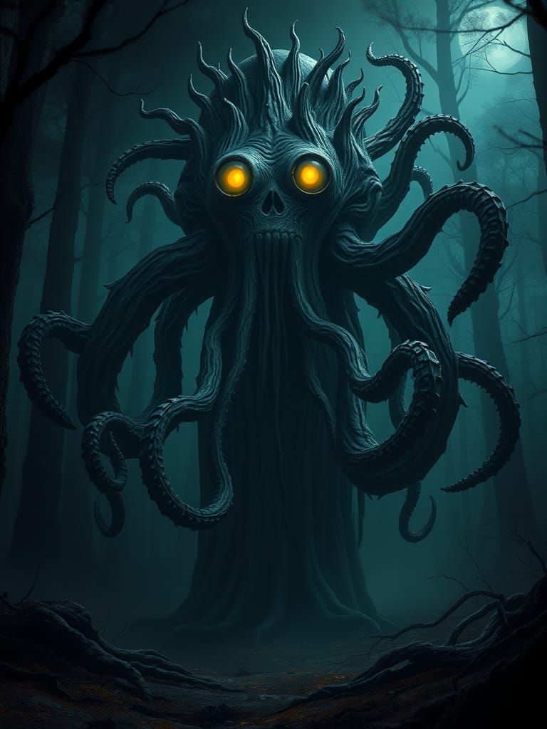 Eerie Dark Fantasy Creature in Misty Forest