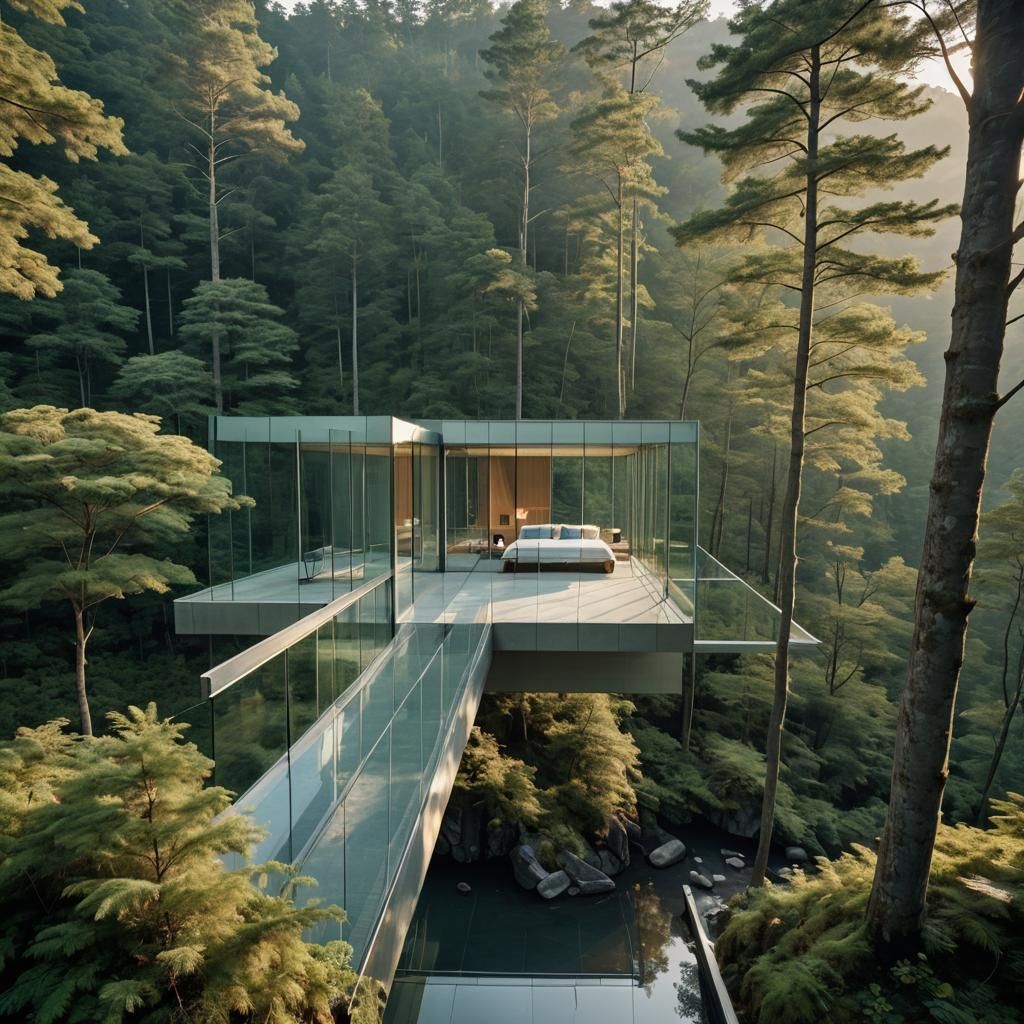 Minimalist Glass House in Forested Mountains