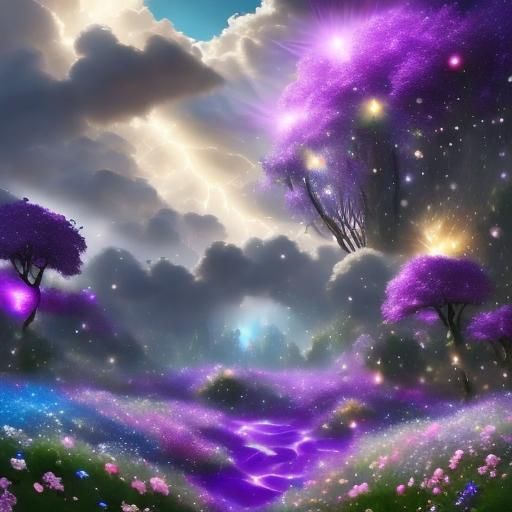 Cosmic Lunar Landscape with Purple Lightning