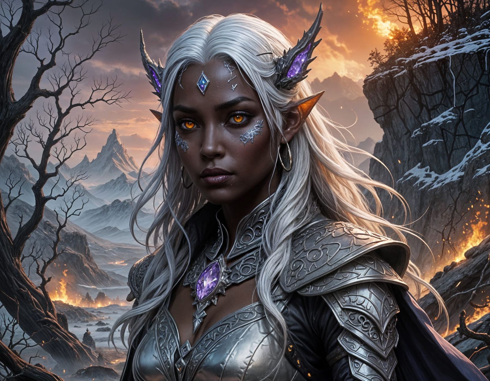 Mysterious Drow Sorceress Conjures Fire Spirits in a Barren....