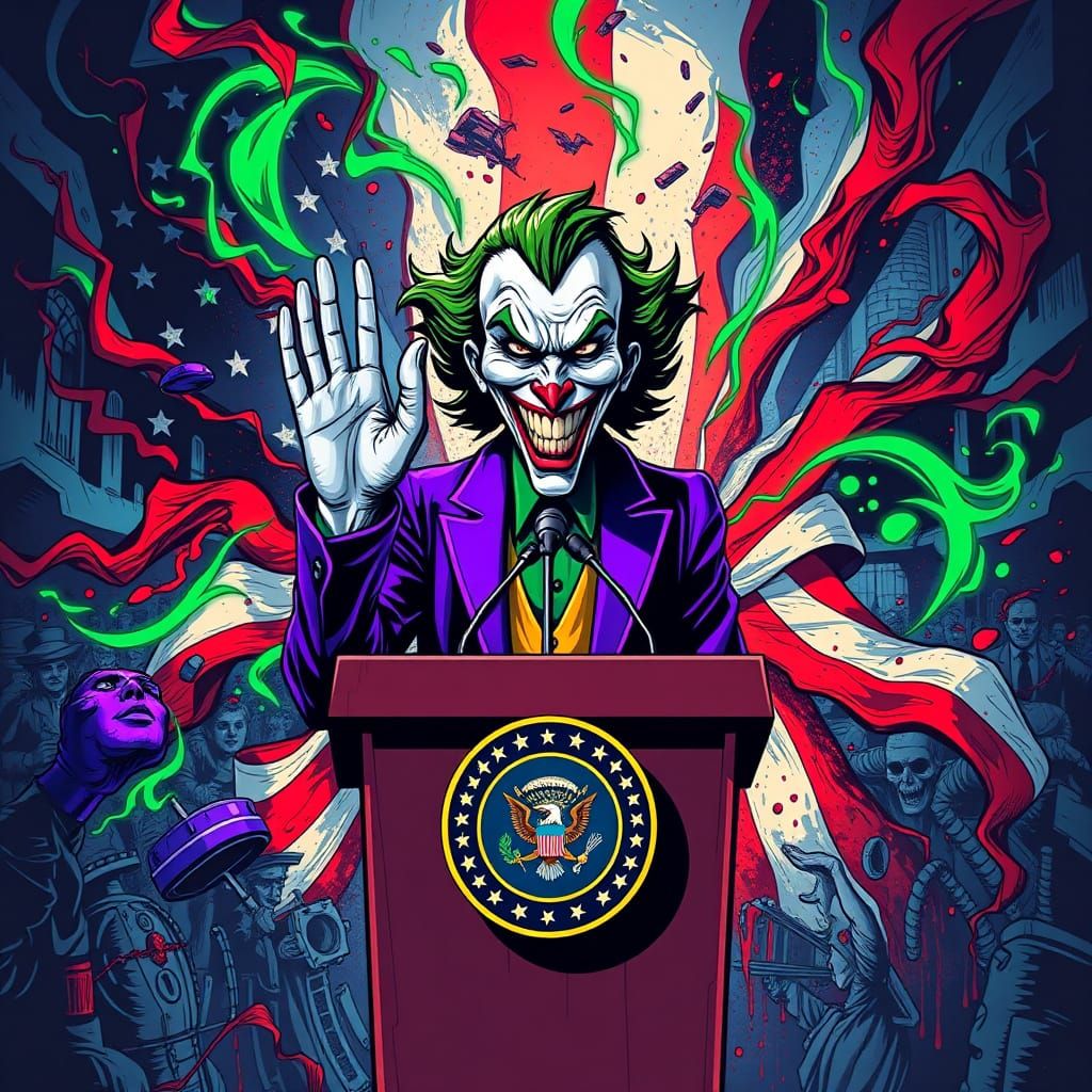 Joker Card Sworn In As US President in Surreal Comic Style