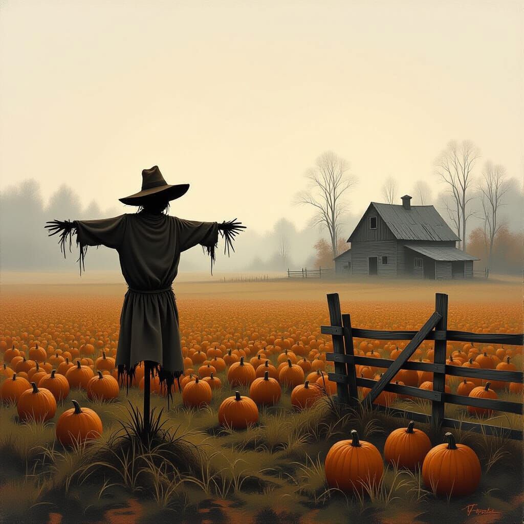Melancholic Scarecrow in Misty Pumpkin Field Oil Painting