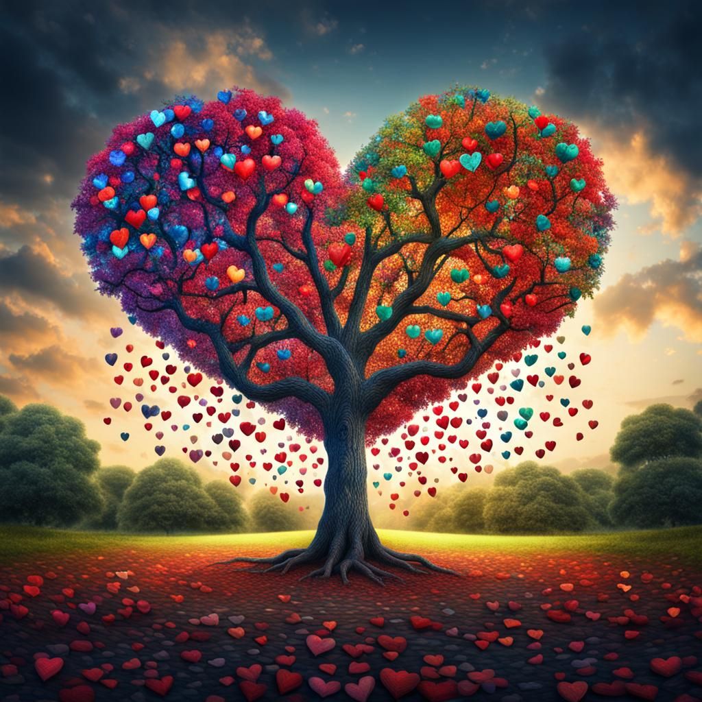 Colorful Heart Tree: Hyperrealistic Composition