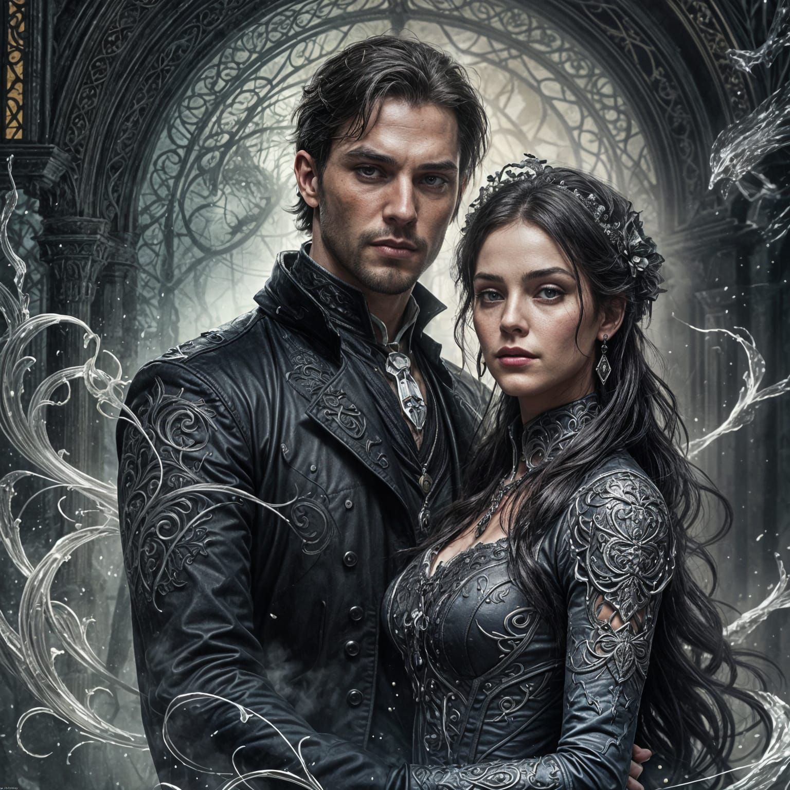 Gothic Couple in Dark Fantasy Art Nouveau Style
