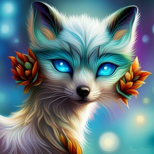 Intricate Blue Fox Cub with Fractal Flowers
