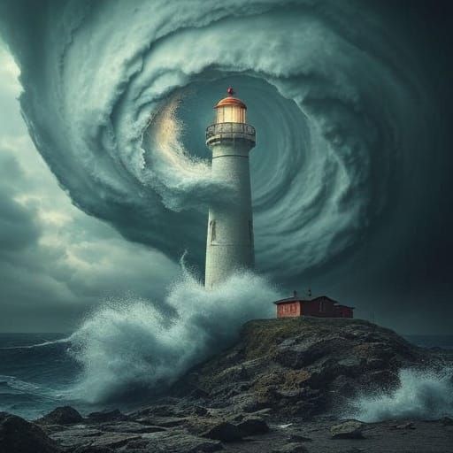 Surreal Lighthouse Braving Cyclone in Oil Painting Style