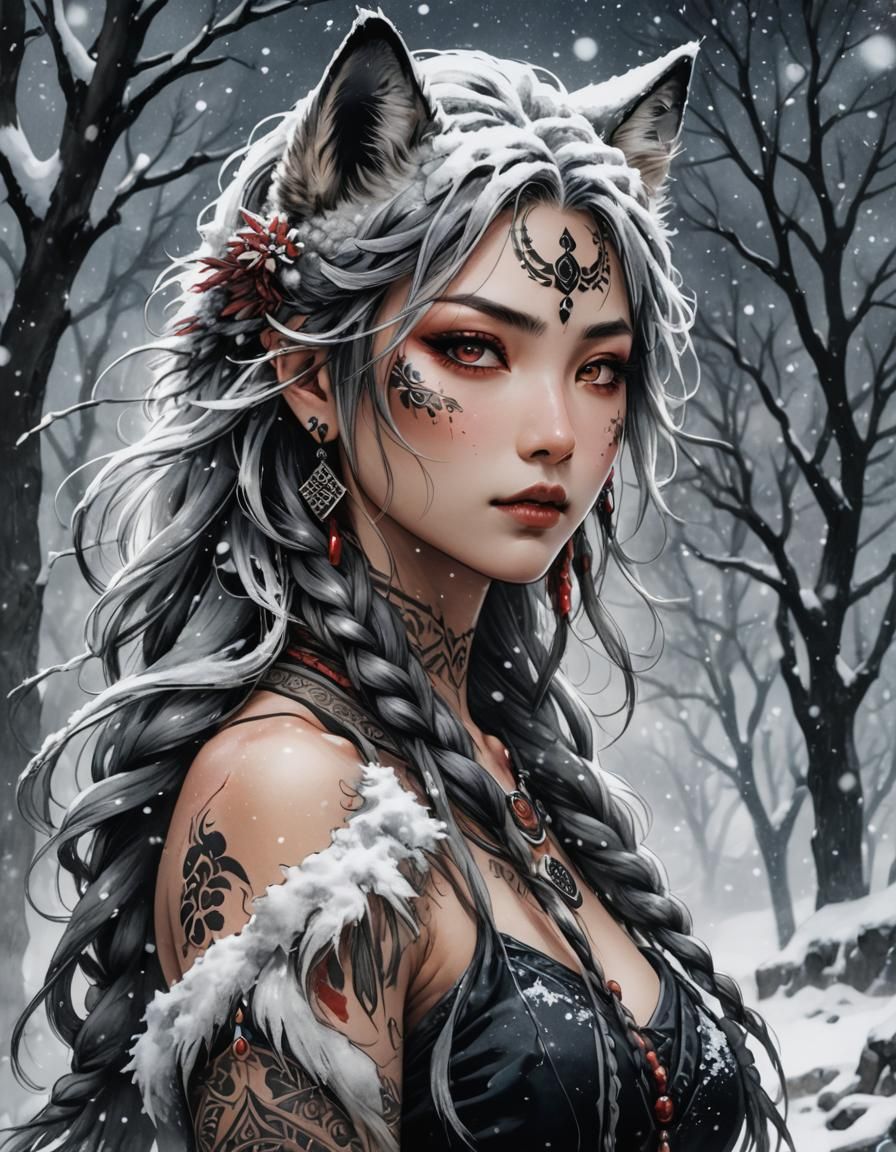 Beautiful Wolf Girl Snow Dancer in Ukiyo-e Style