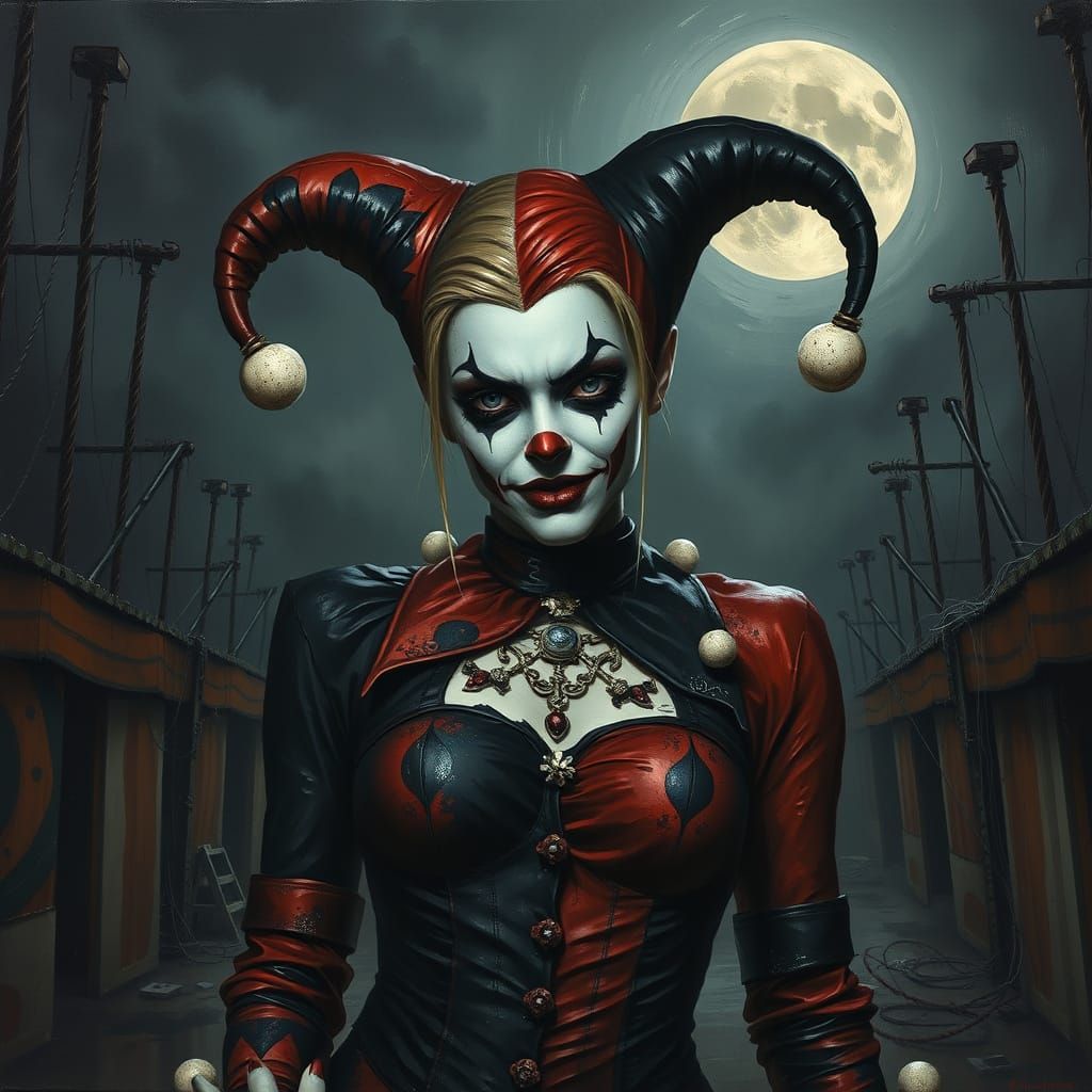 Dark Romantic Harley Quinn in Tattered Jester Attire Against...