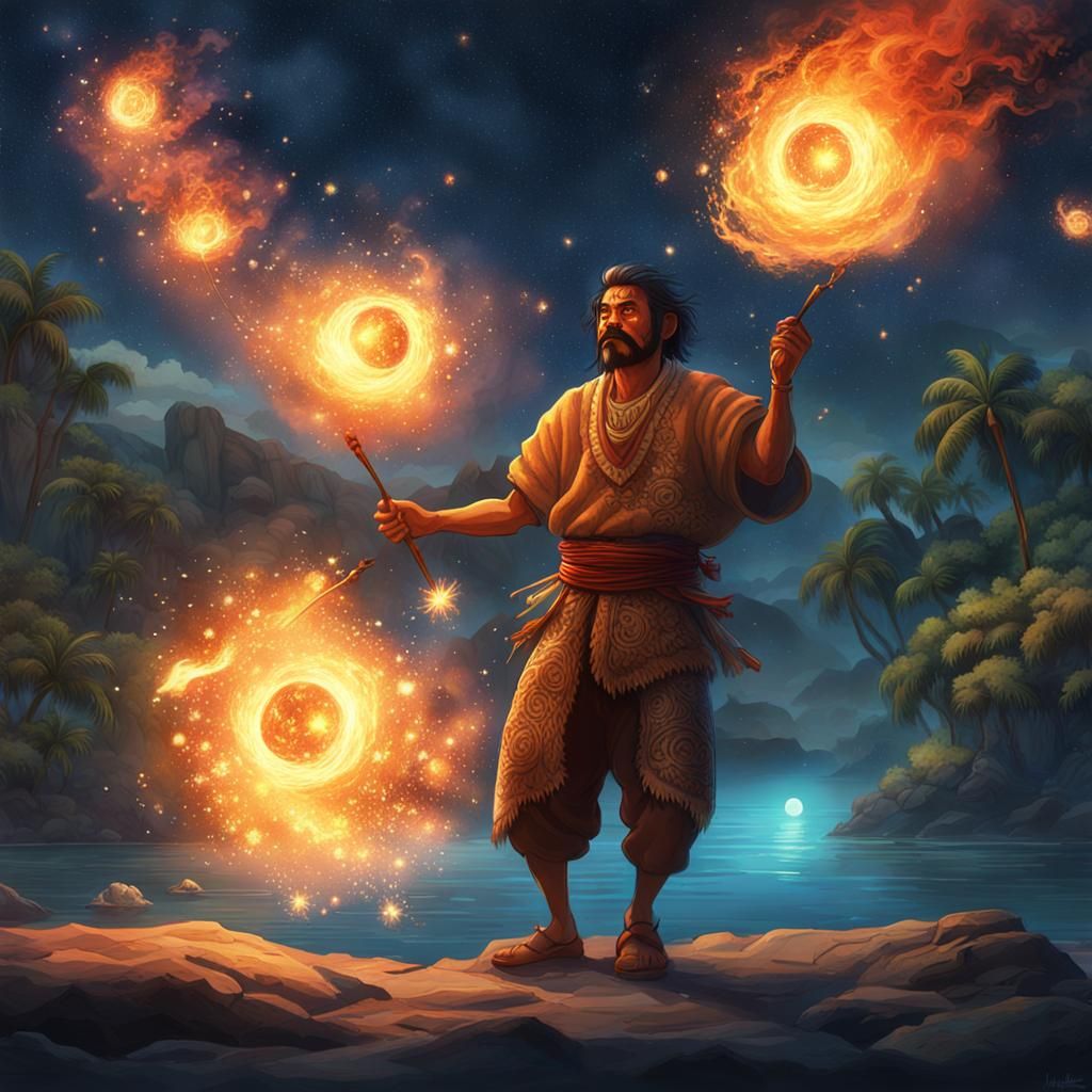 Polynesian Fire Dancer Under Starry Lagoon