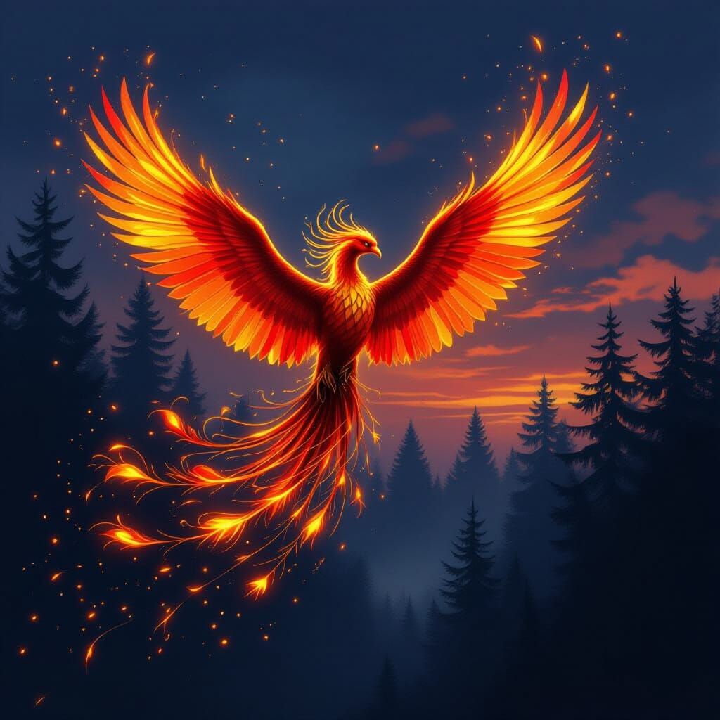 Majestic Firebird Spreads Flaming Wings at Twilight