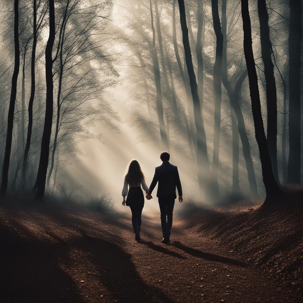 Lovers Stroll Through Misty Forest, Hyperrealistic