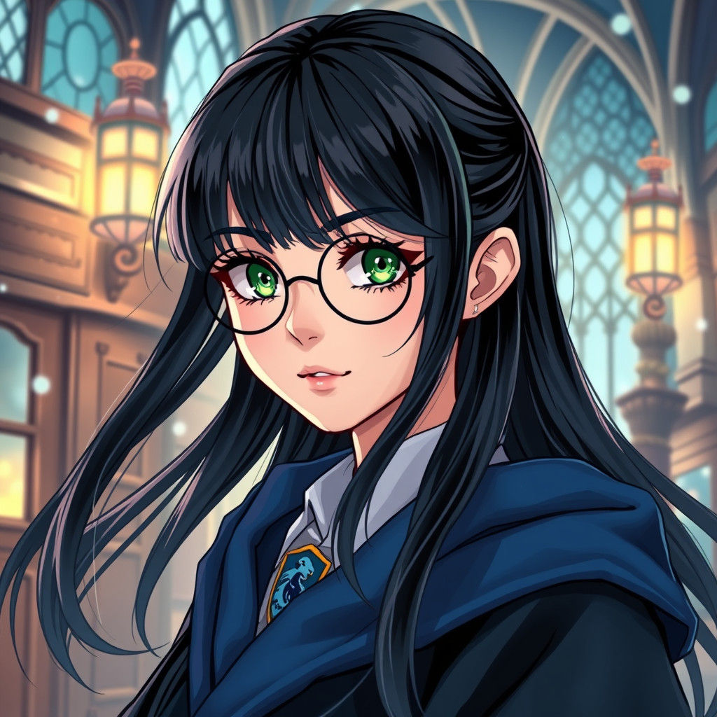 Anime-Style Ravenclaw Witch in Hogwarts Ambiance