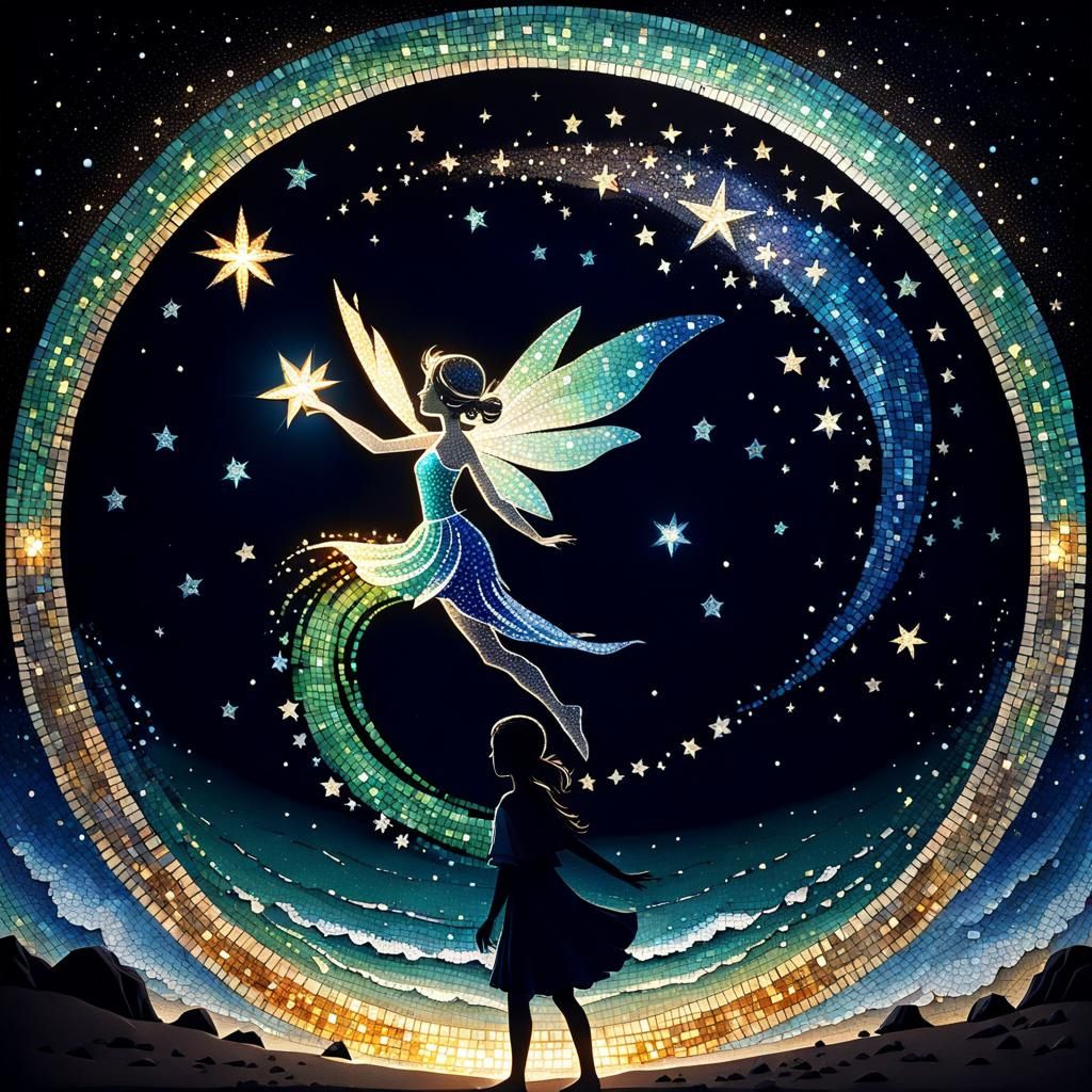 Fairy Silhouette on Beach in Pointillism Style