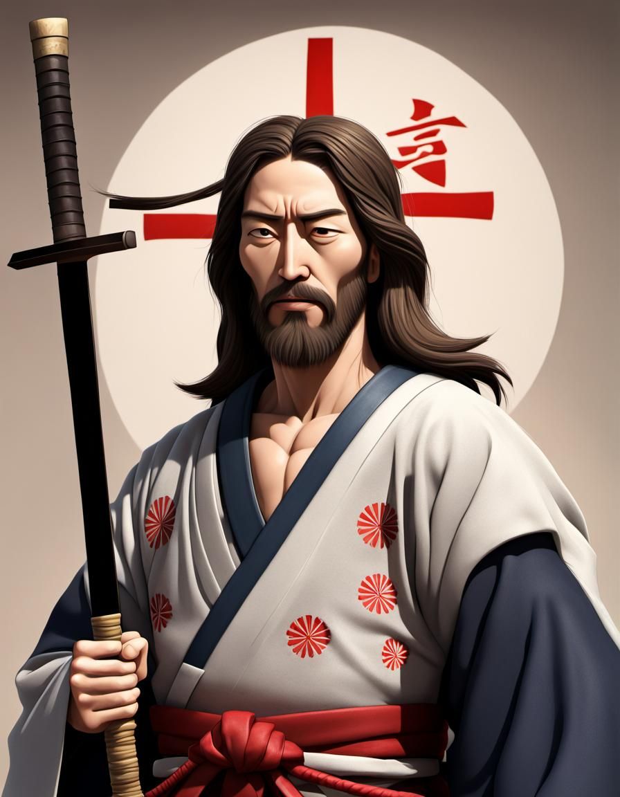 Cartoon Jesus as Samurai in Feudal Japan