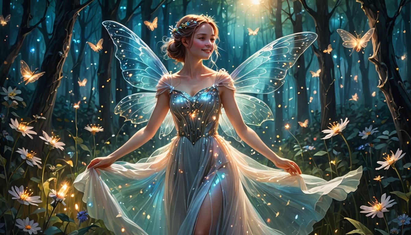 Enchanting Fairy in Moonlit Forest Illustration