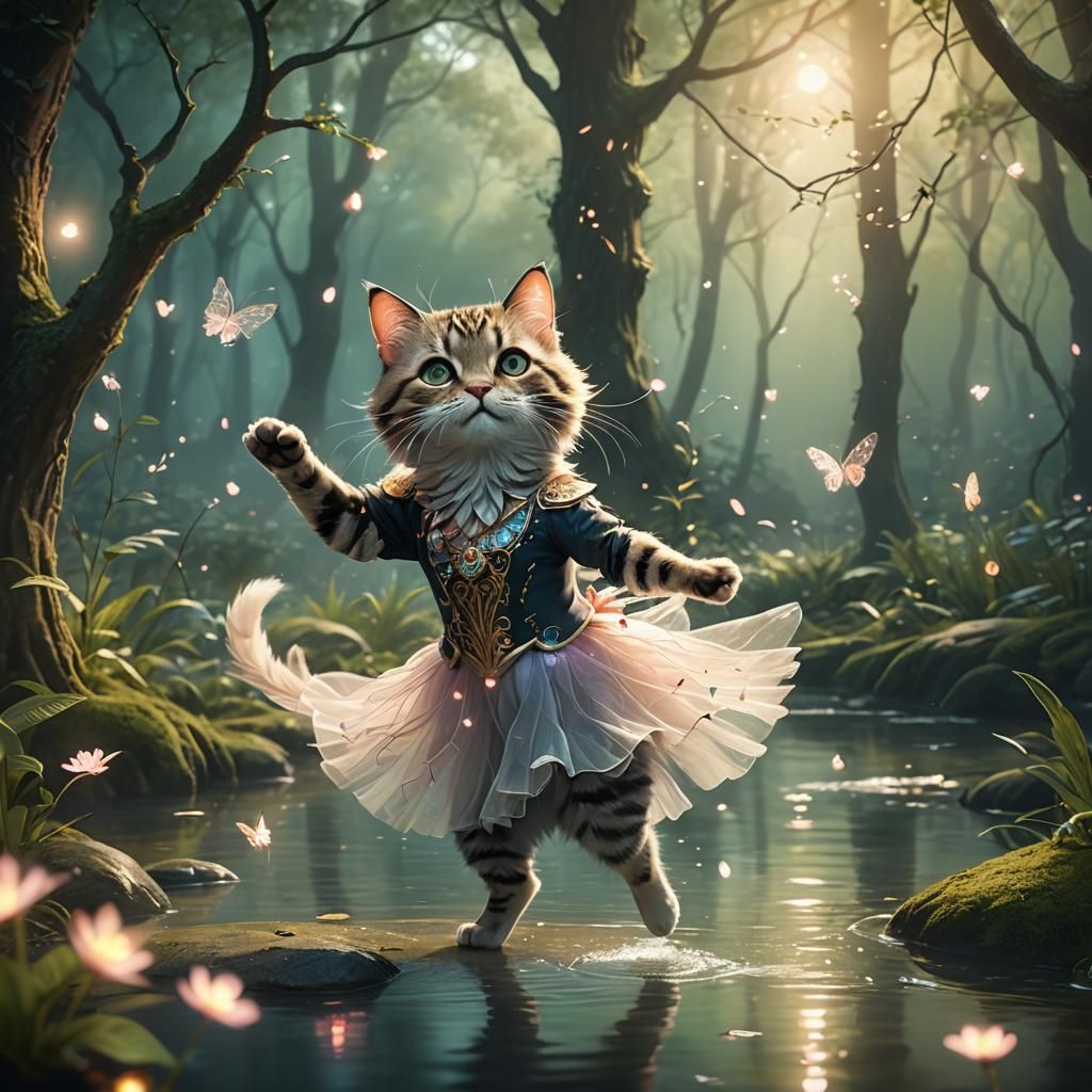 Cat Ballet Dancer in Magical Forest Concept Art