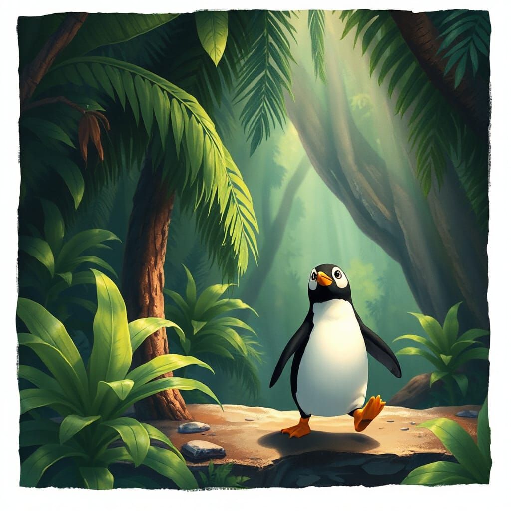 Penguin Explores Tropical Rainforest in Storybook Style