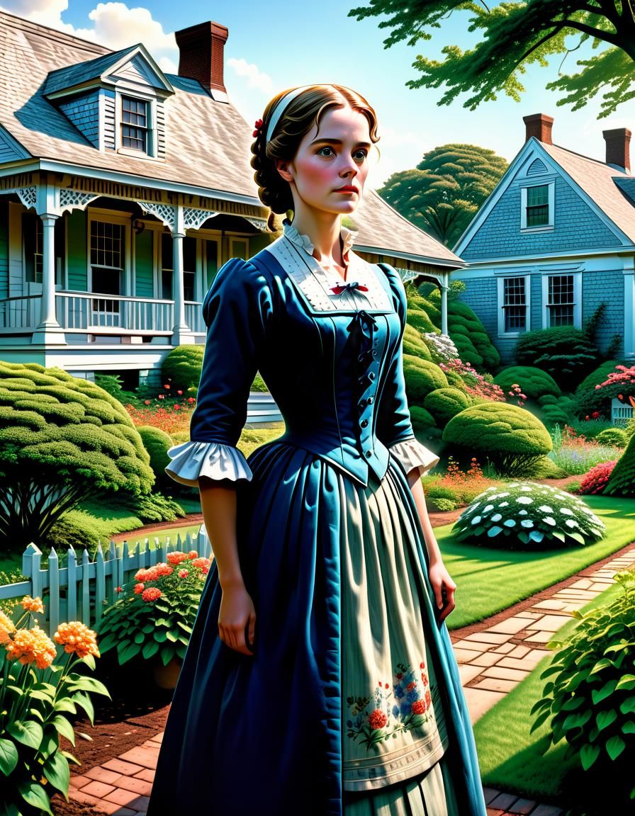 Colonial Woman in New England Garden, Hyperrealistic Comic A...
