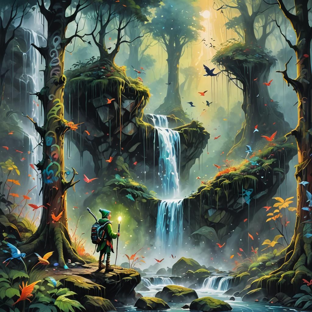 Elf in Misty Forest: Graffiti Street Art