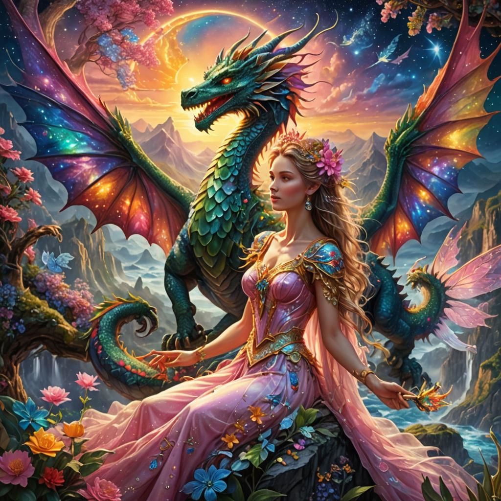 Ethereal Dragon and Fairy in Colorful Landscape