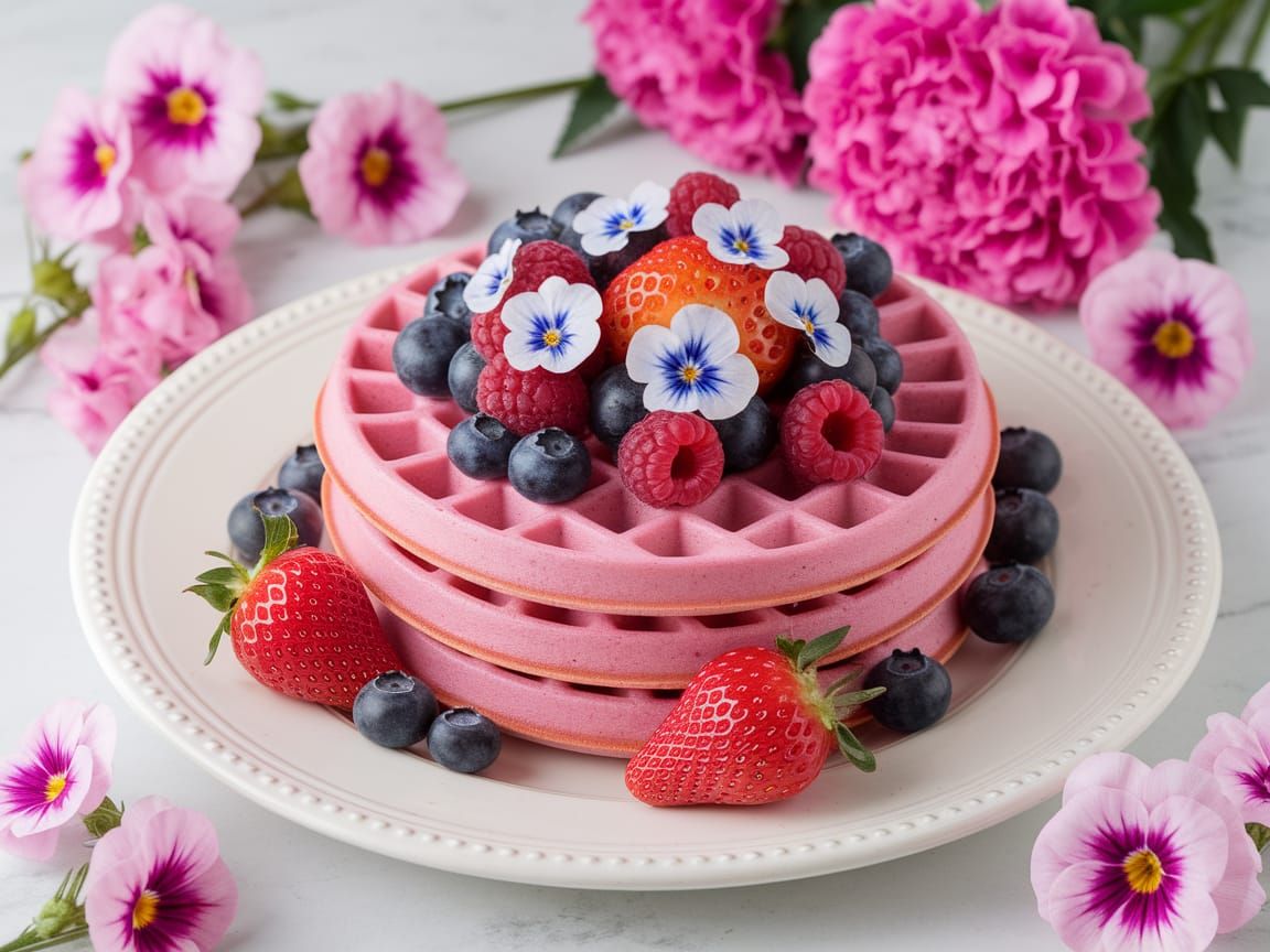 Vibrant Pink Waffle Delight with Fresh Berries and Flowers