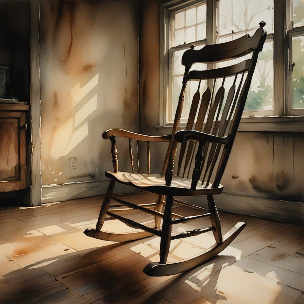 Eerie Watercolor of a Rocking Chair Moving in a Dim Room