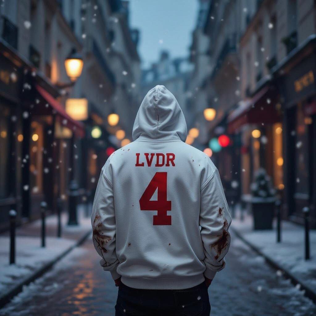 Snowy Paris Street Album Cover with Man in Hoodie