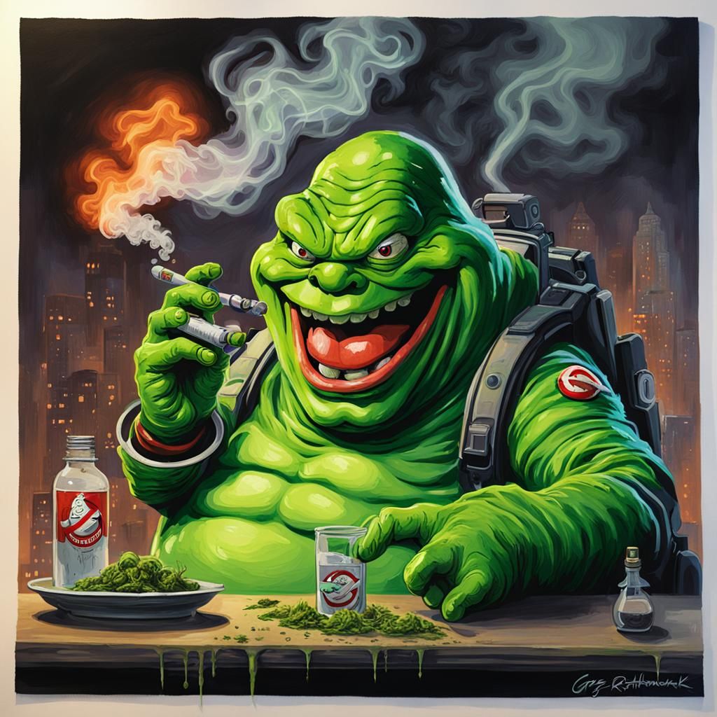 Slimer from ghostbusters smoking a bong full of marijuana