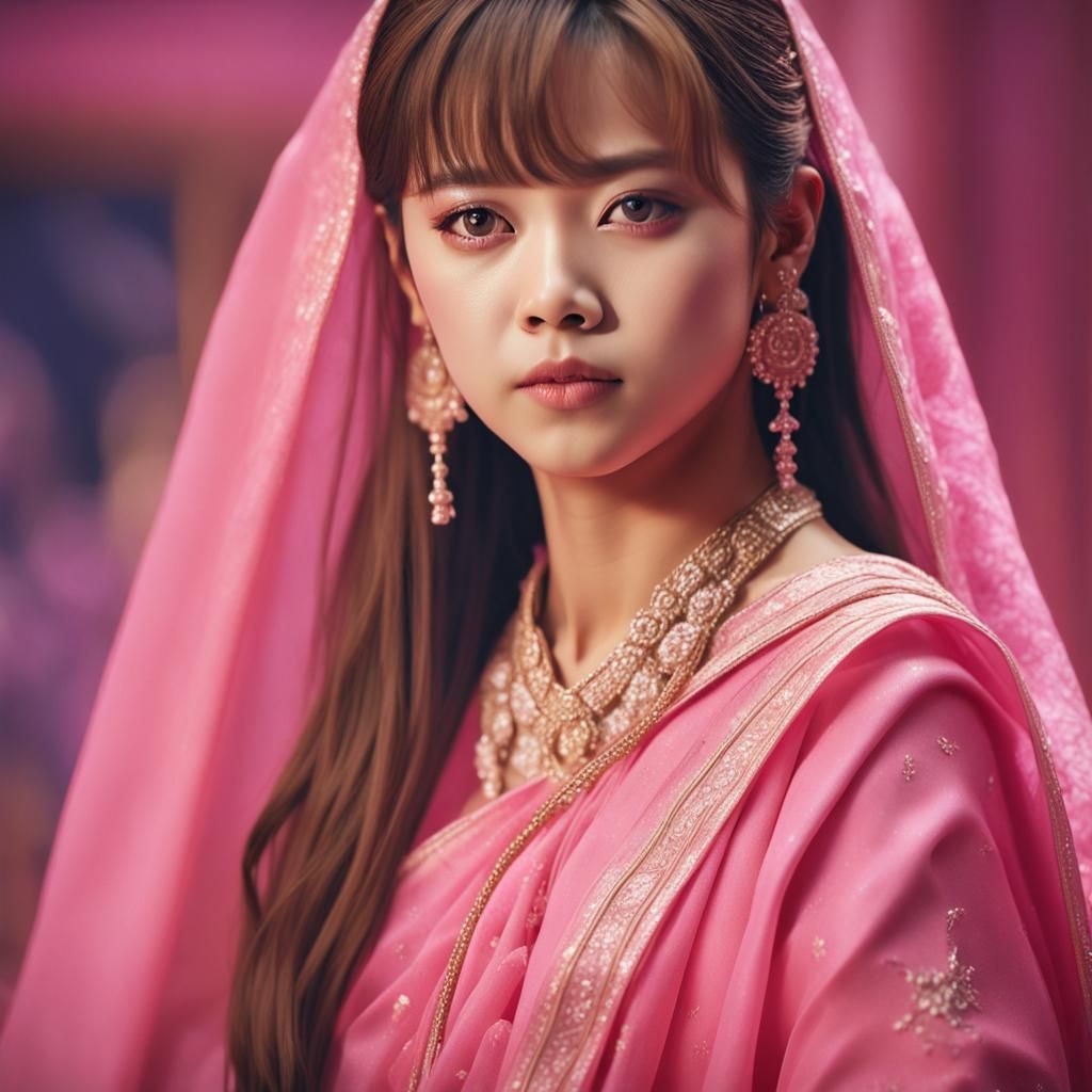 Yoo Jeongyeon in Pink Saree: Hyperrealistic Portrait