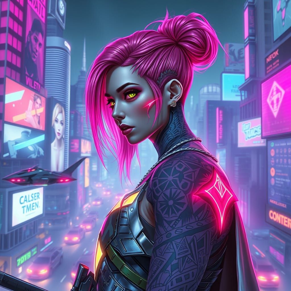 Cyberpunk Knight with Neon Tattoos in Art Deco City