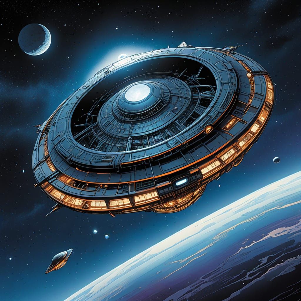 Saucer in Cosmic Flight, in Moebius-Inspired Line Art