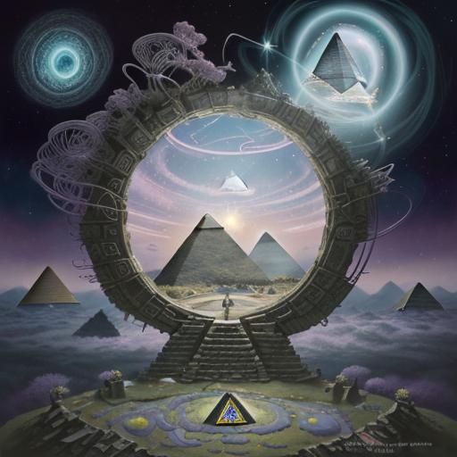 Surreal Landscape with Pyramid Buildings and Fairy Portal