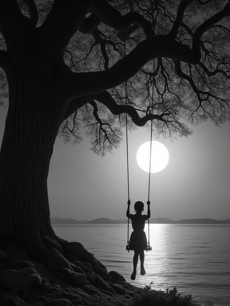 Black and White Silhouette of Person on Swing Under Moonlit ...