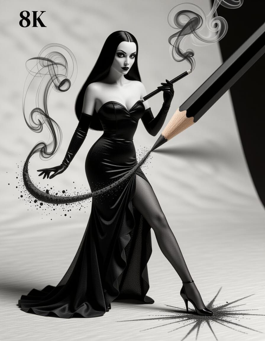 Macro Pencil Sketch Becomes Morticia Addams in Noir Style