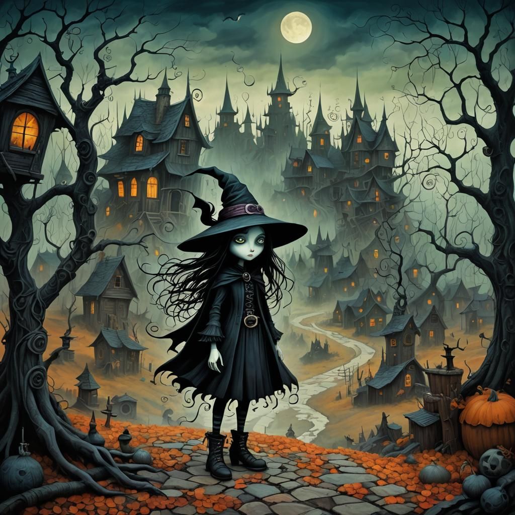 Gothic Witch in Village Scene, Detailed Matte Painting