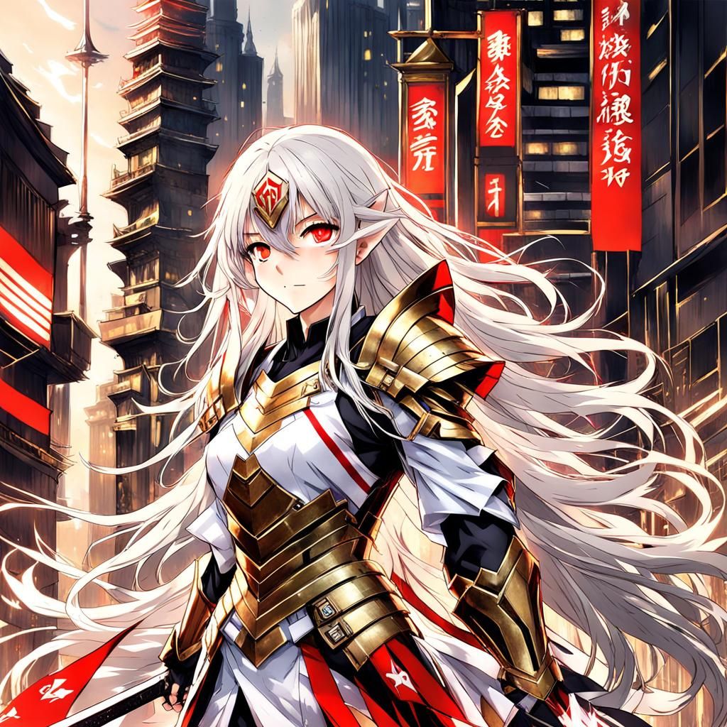 Anime Warrior Girl with Red-Streaked Hair