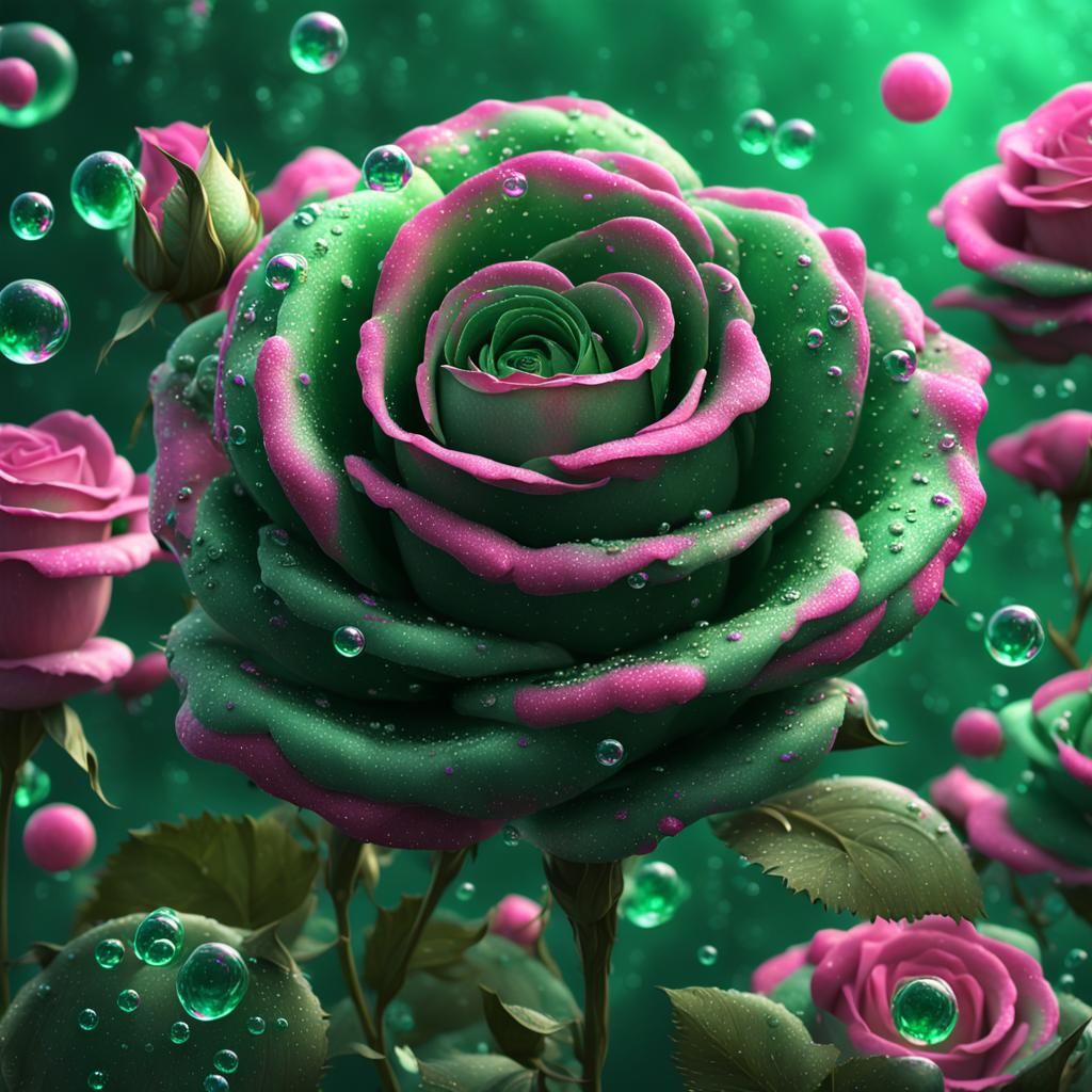 Fantastical Green Roses with Pink Bubbles
